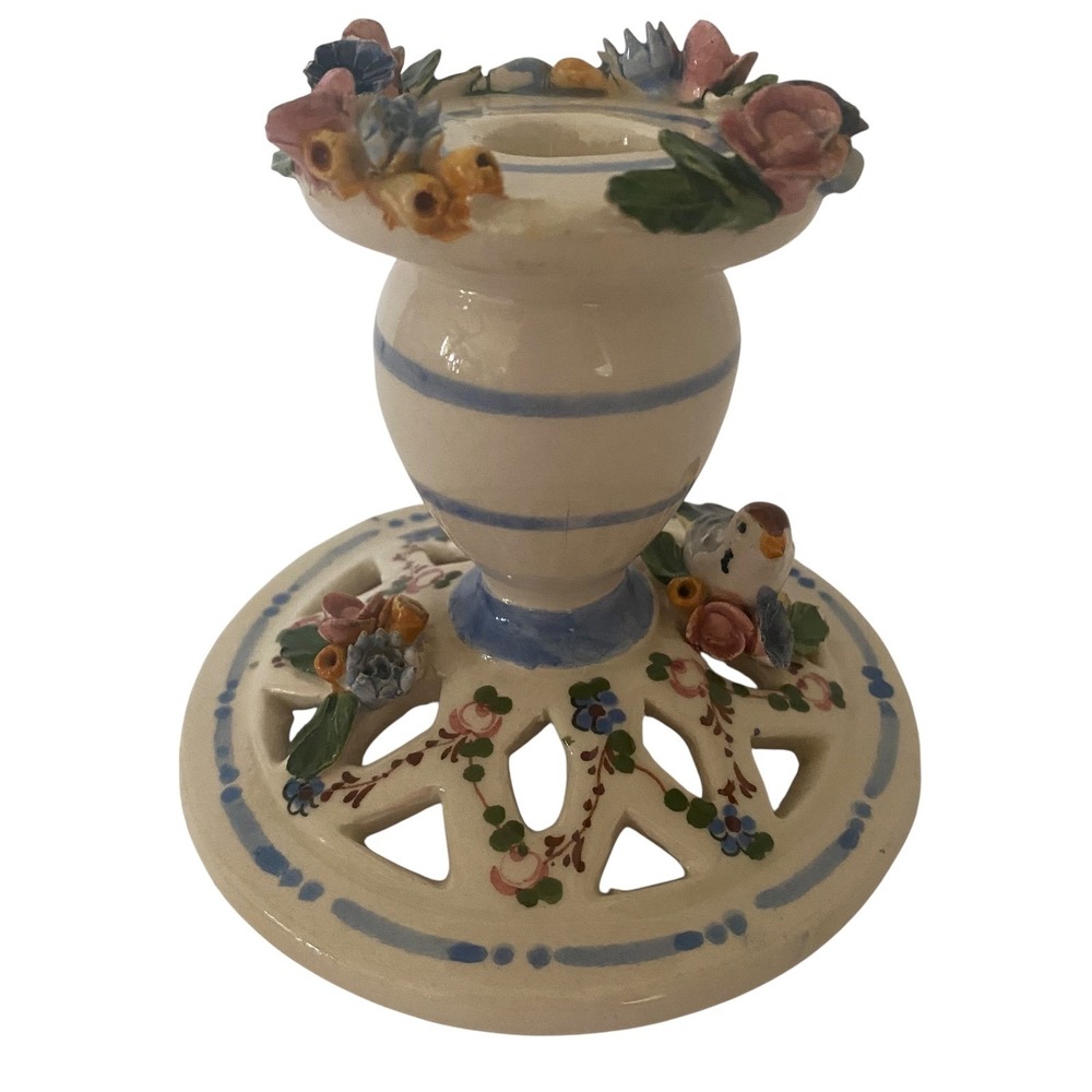Naples Italy Ceramic Candlestick Holder Applied‎ Flowers Bird Reticulated Base